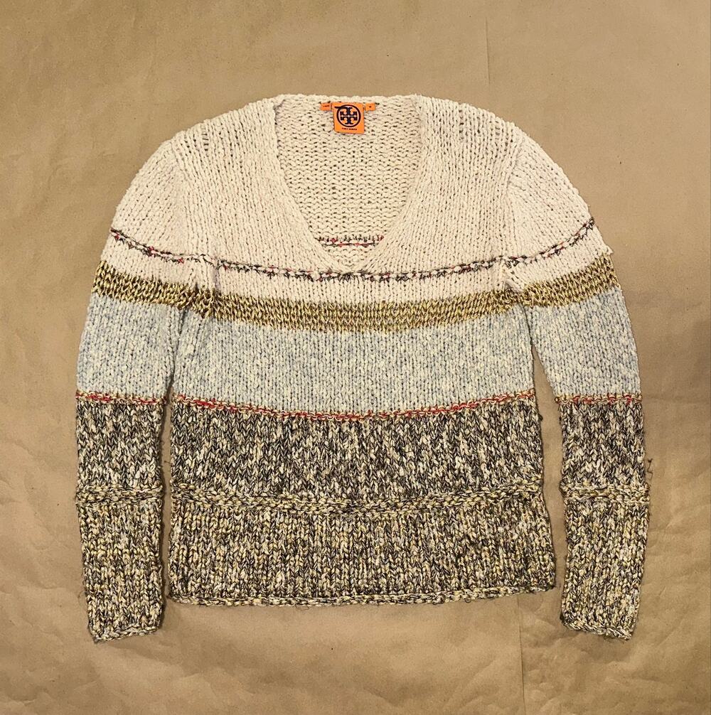 Tory Burch V-neck knit sweater featuring a multi-color M